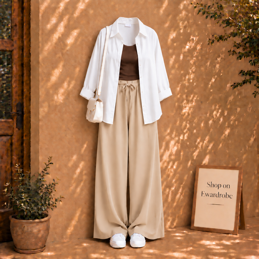 White Button Shirt With Beige Flapper And Brown Tanktop