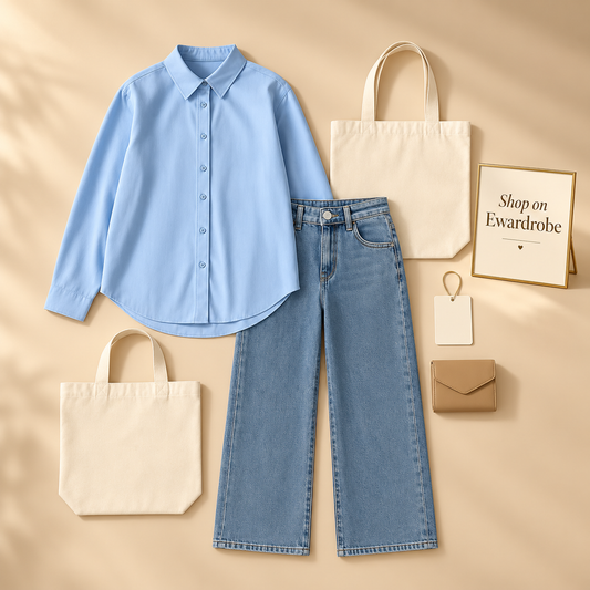 Sky Blue Button Down Shirt With Mid Blue Wide Leg Jeans