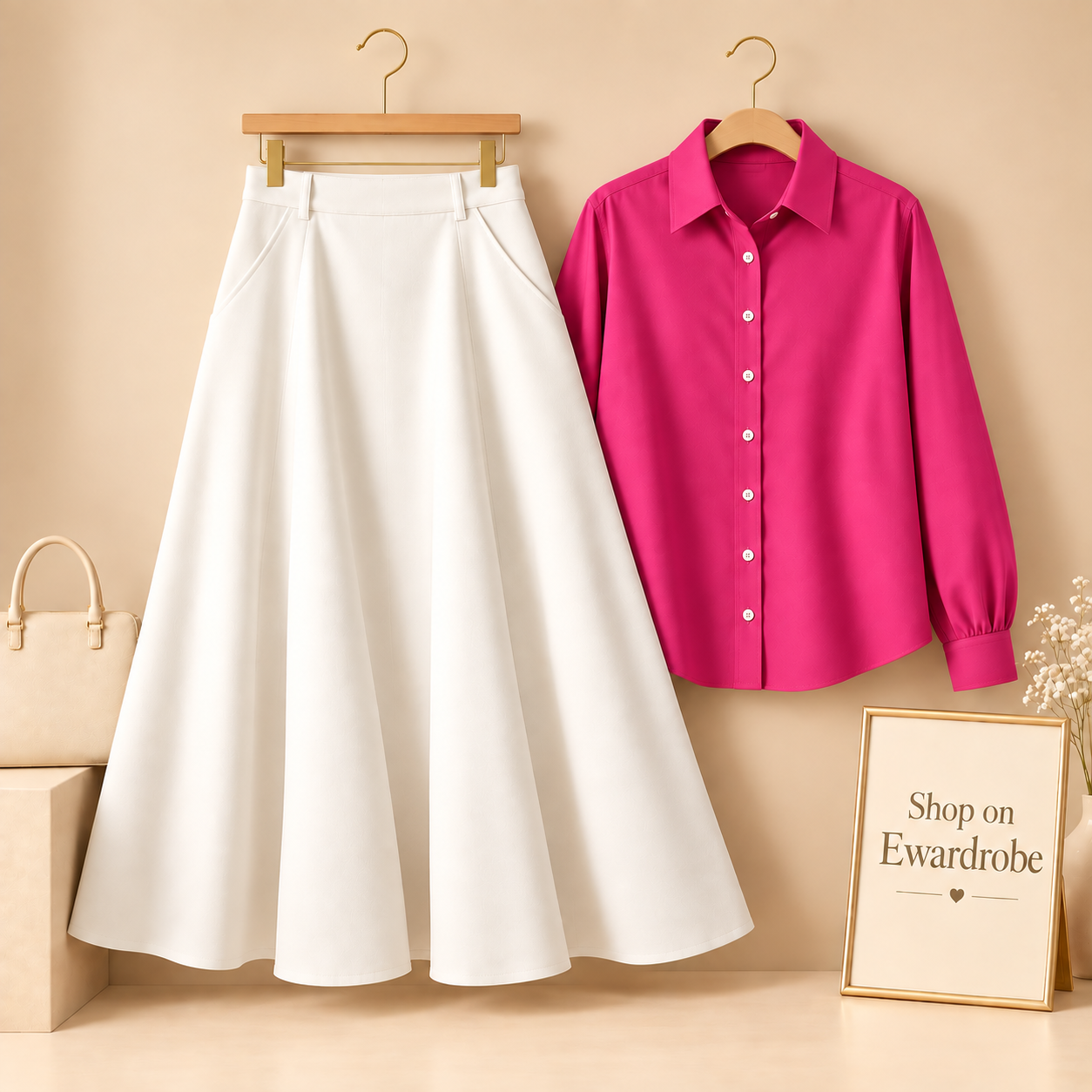 Shocking Pink Button Down Shirt With White Twill Long Skirt