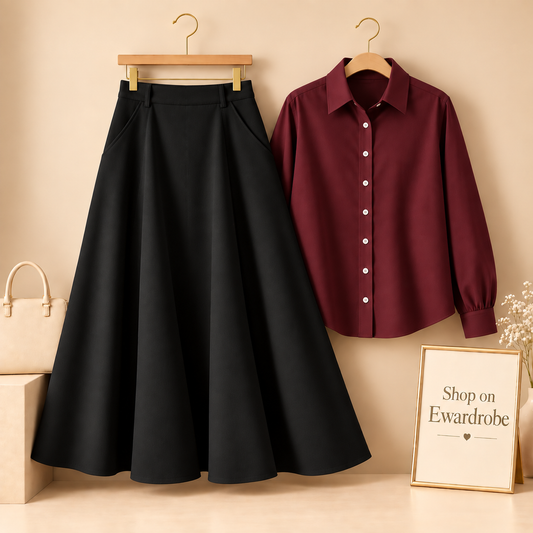 Maroon Button Down Shirt With Black Twill Long Skirt