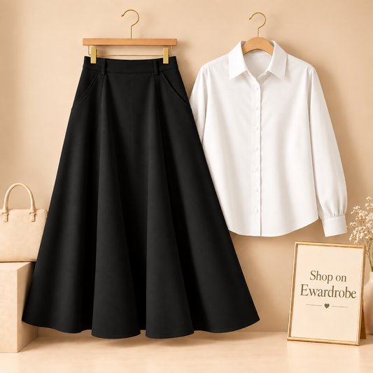 White Button Down Shirt With Black Twill Long Skirt