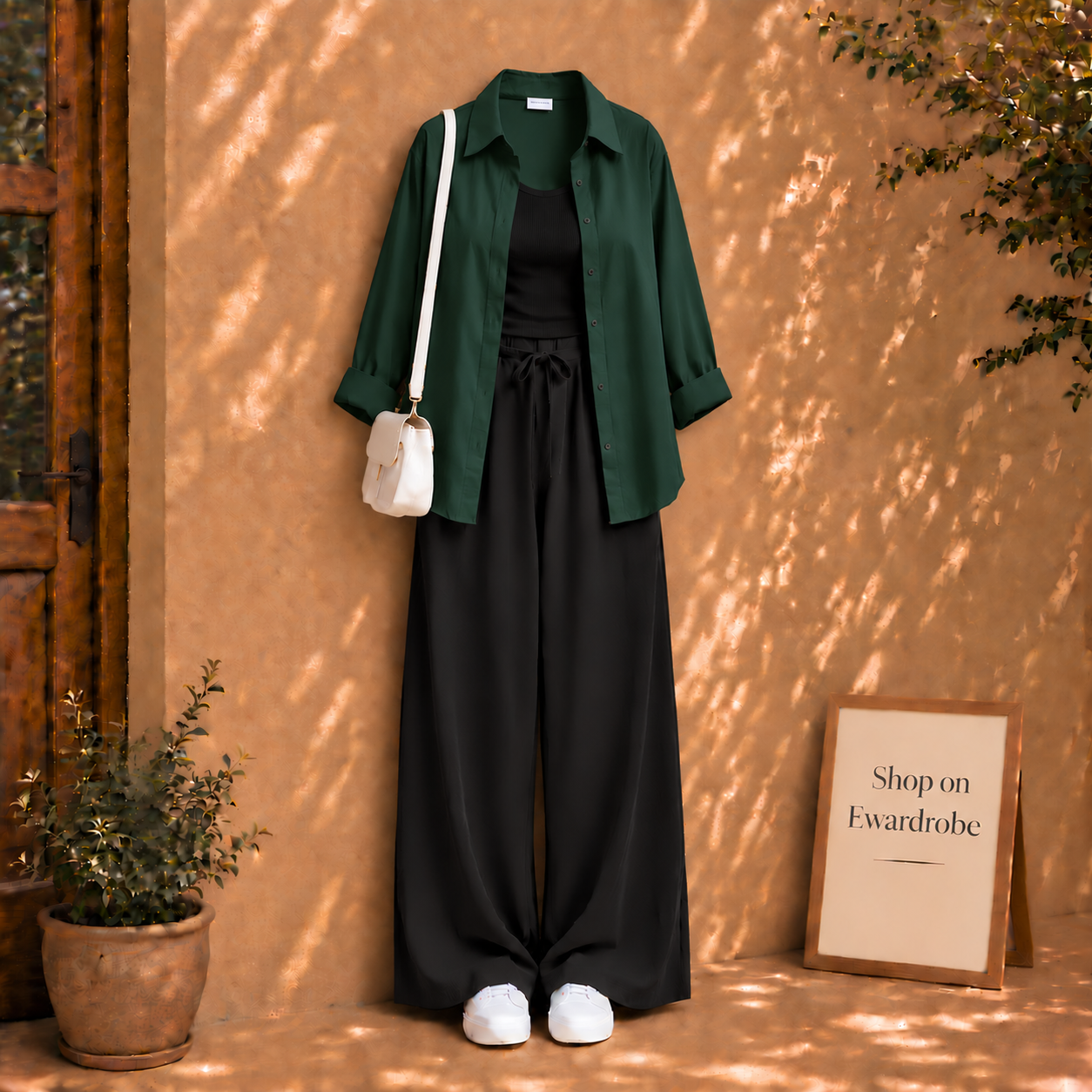 Bottle Green Button Down Shirt With Black Flapper And Black Tank Top