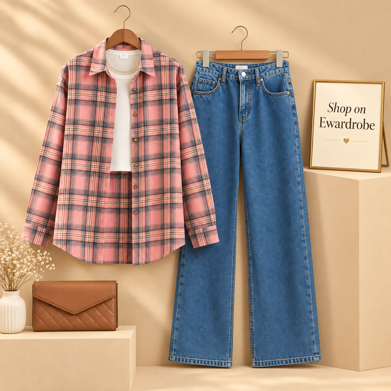 Pink Black Check Shirt With Dark Blue Wide Leg And White TankTop