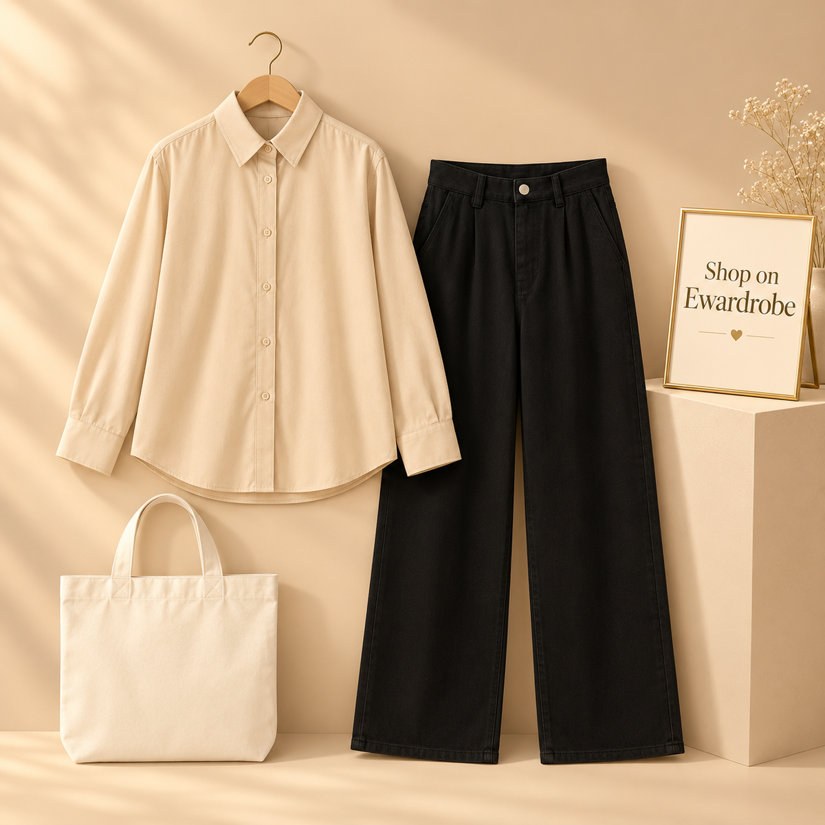 Cream Button Down Shirt With Black Wide Leg Jeans