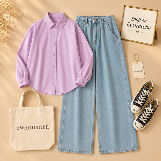 Lilac Button Down Shirt With Ice Blue Wide Leg Jeans