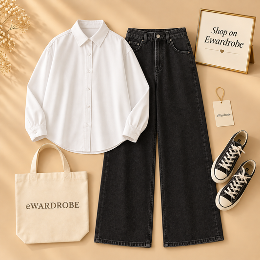 White Button Down Shirt With Black Wide Leg Jeans