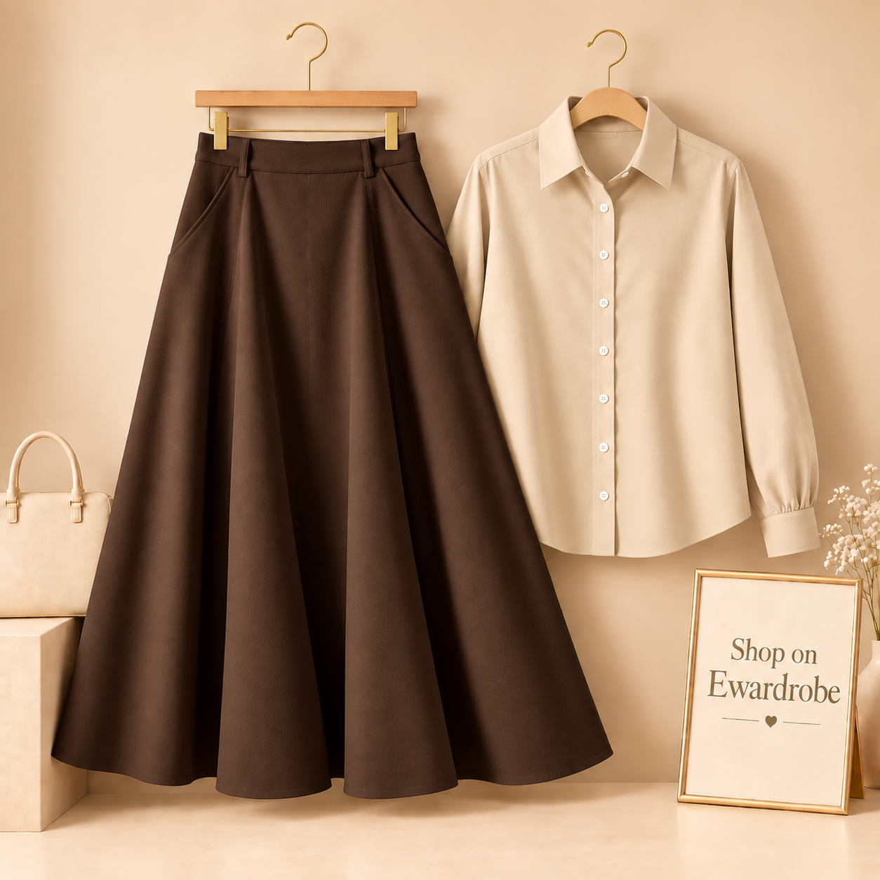Beige Button Down Shirt With Brown Twill Long Skirt