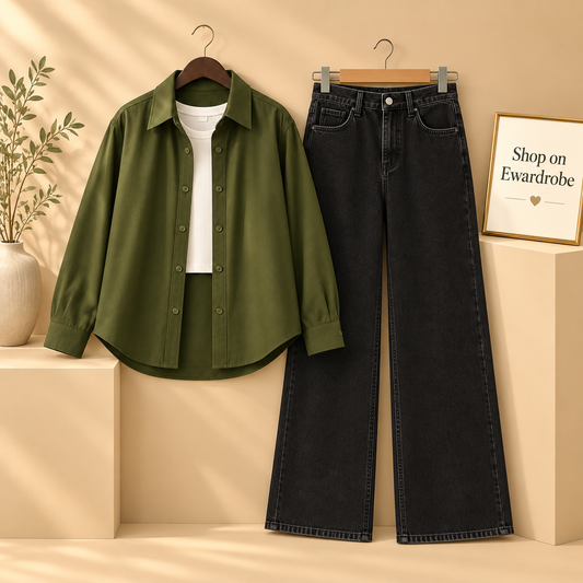 Olive Green Button Down Shirt With White Inner Tanktop And Black Wide Leg Jeans