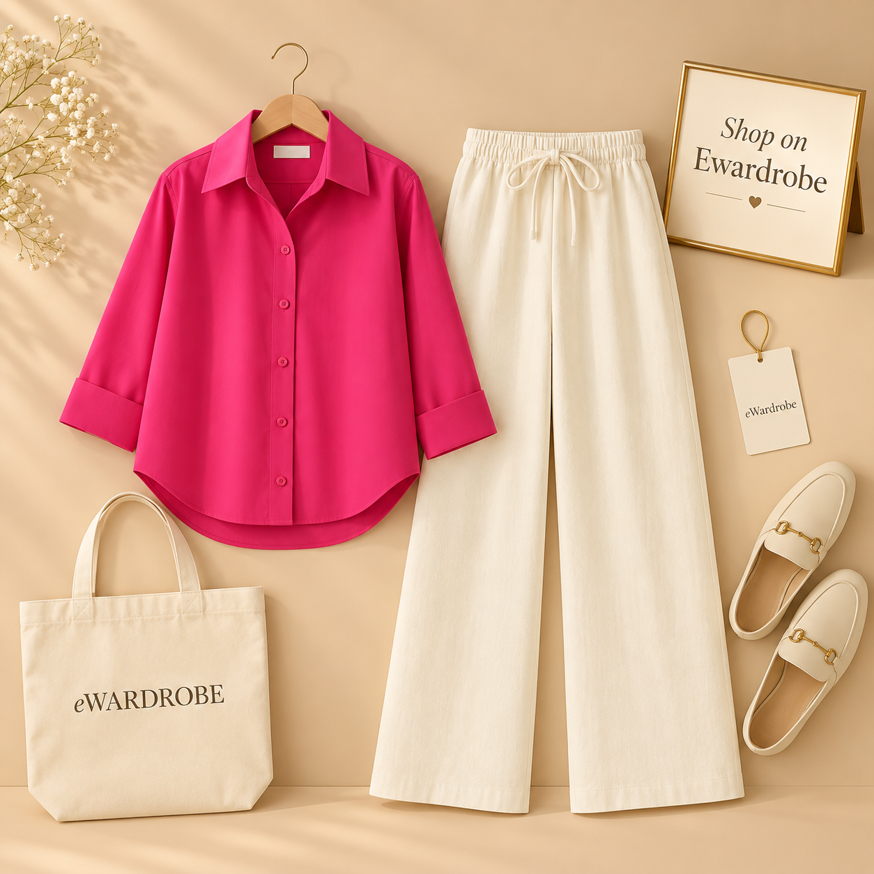 Shocking Pink Button Down Shirt With Beige Flapper