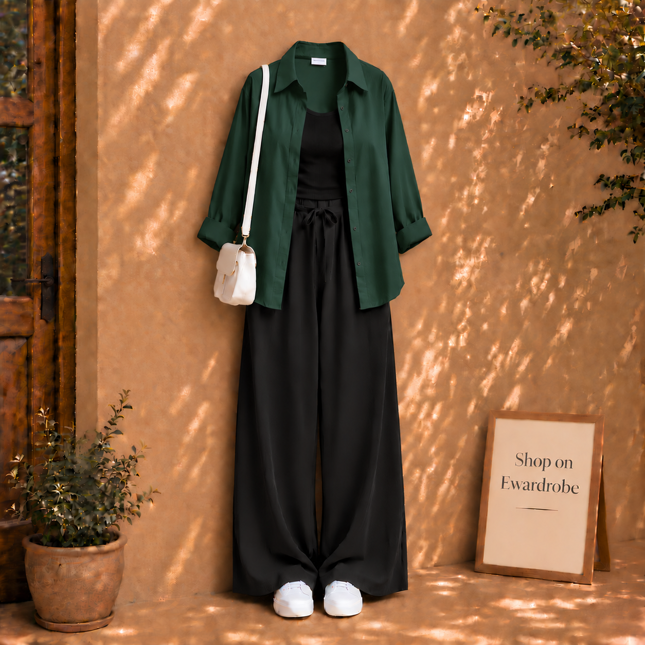 Bottle Green Button Down Shirt With Black Flapper and Black Tanktop
