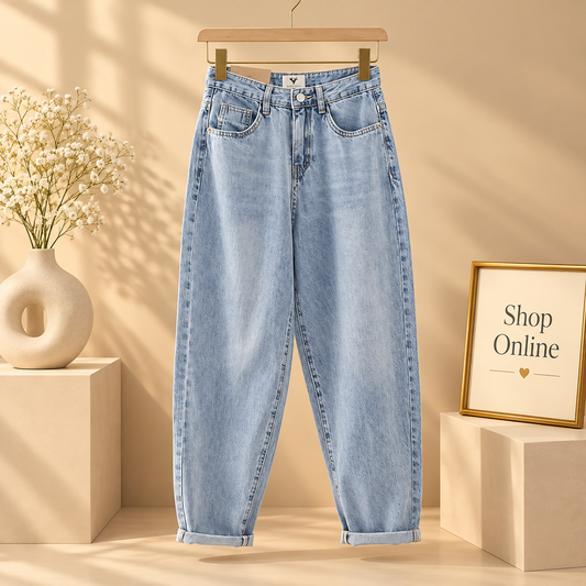 High Waisted Rust Blue Mom Jeans