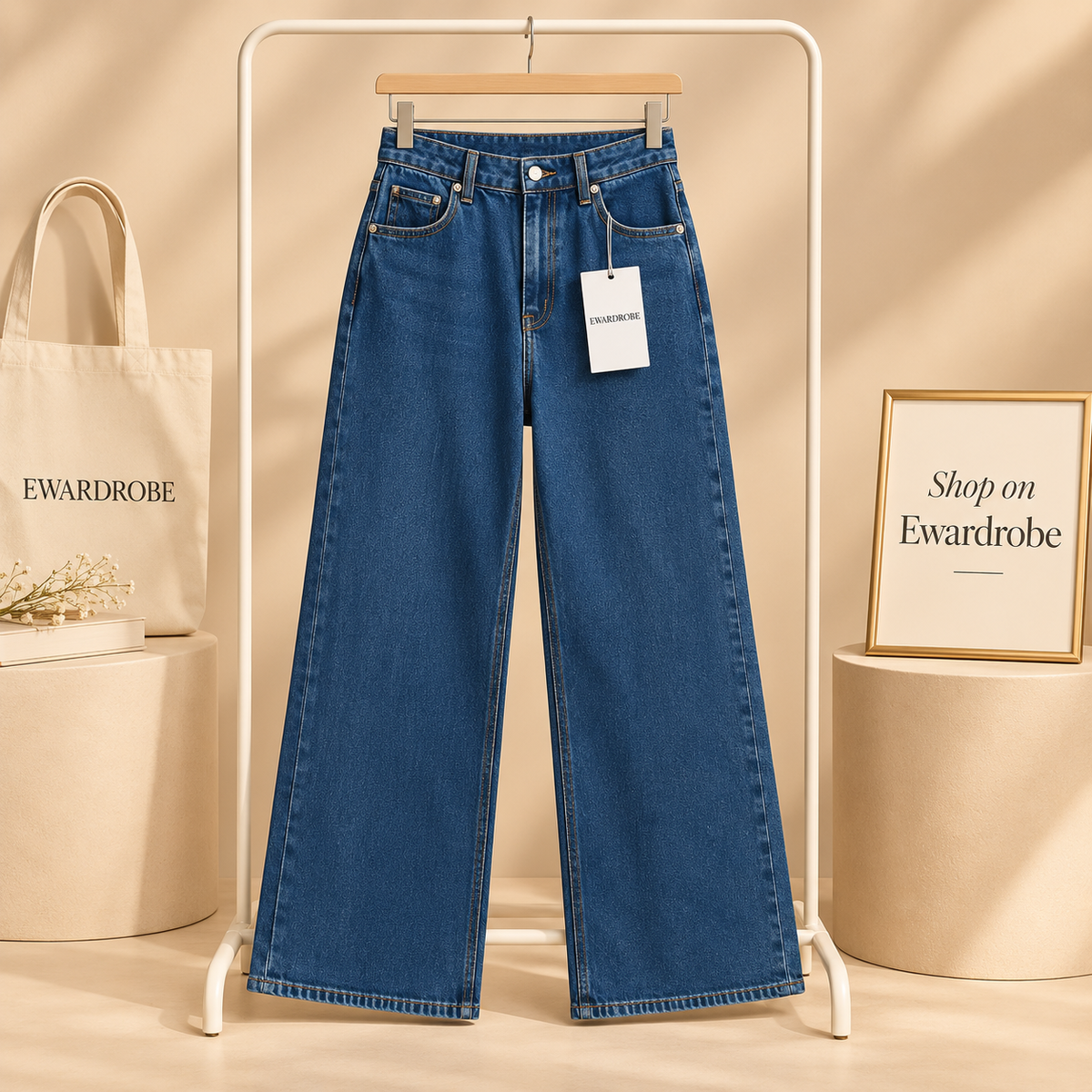 High Waisted Dark Blue Wide Leg Jeans