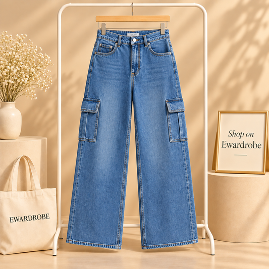 Mid Blue Cargo Wide Leg Jeans