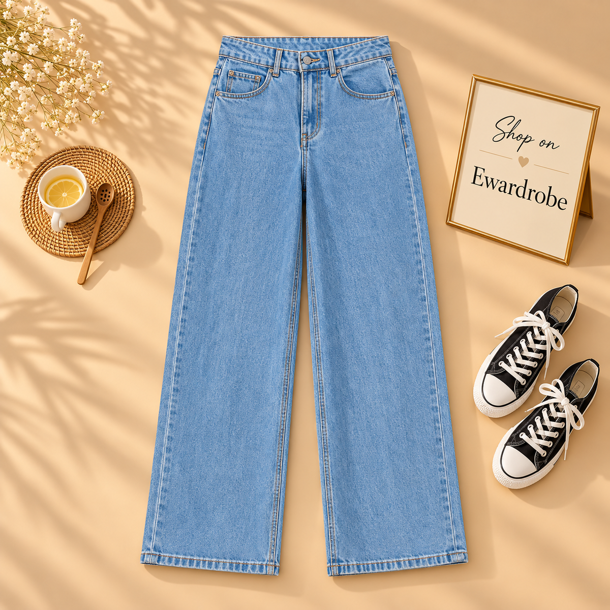 High Waisted Sky Blue Wide Leg Jeans