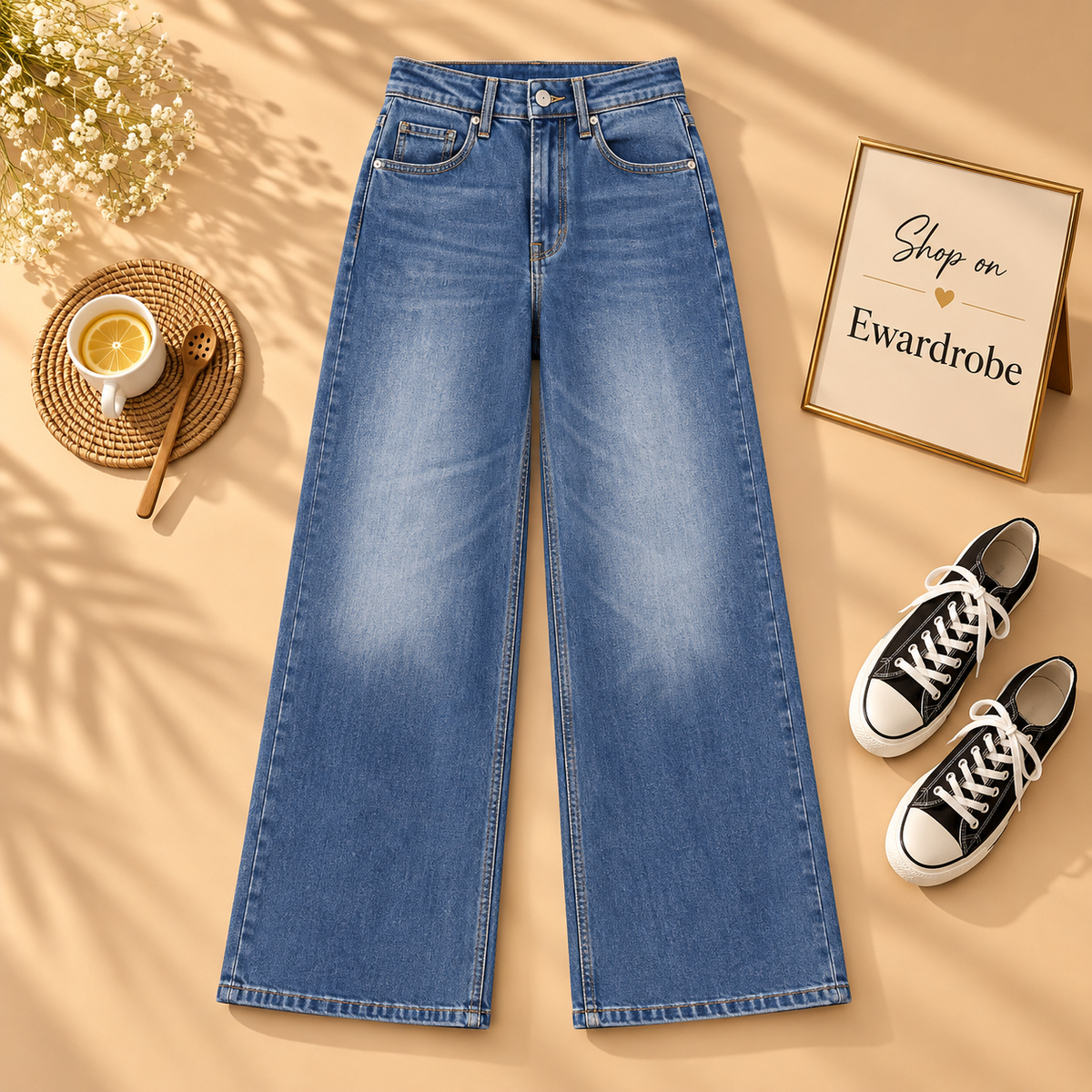 High Waisted Rust Blue Wide Leg Jeans