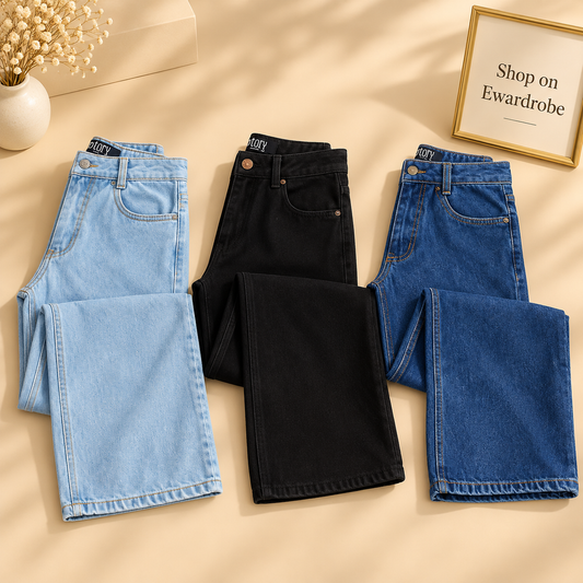 Pack Of 3 Wide Leg Jeans (Black, Mid Blue and Ice Blue)