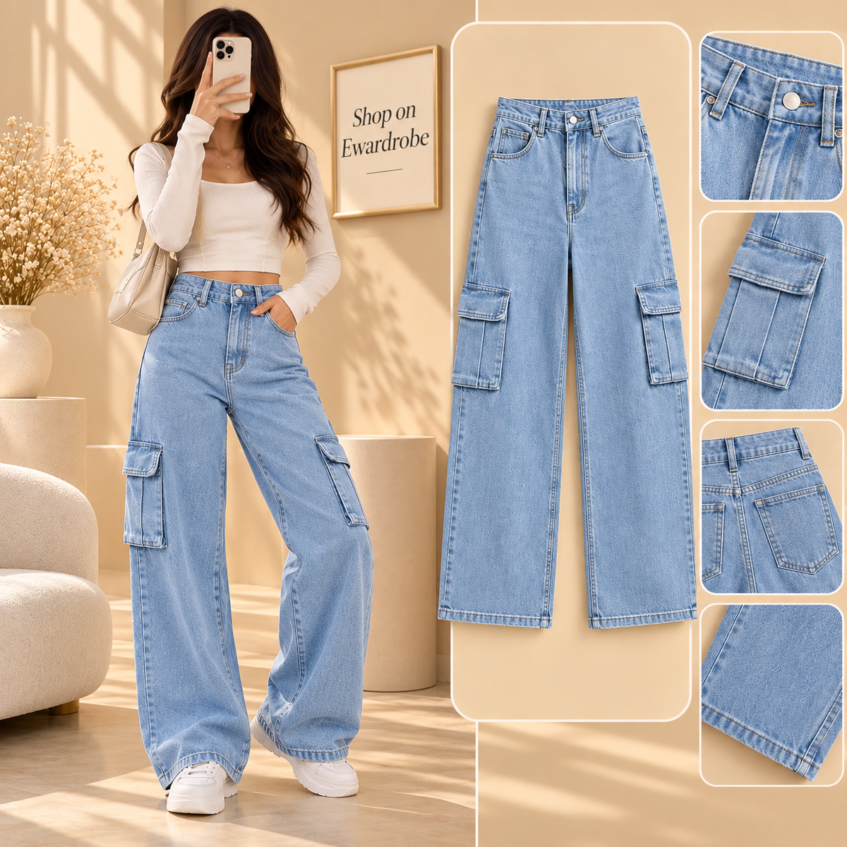 Ice Blue Cargo Wide Leg Jeans