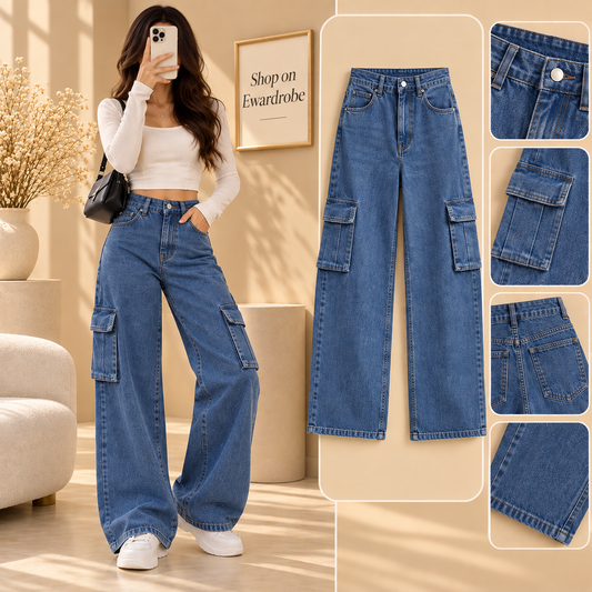 Mid Blue Cargo Wide Leg Jeans