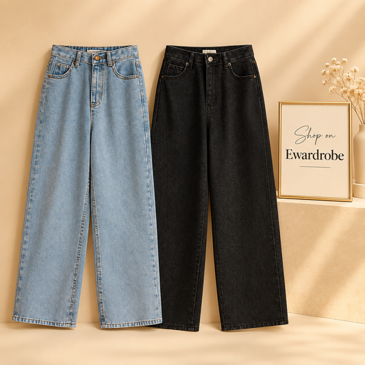 Pack Of 2 Wide Leg Jeans( Ice Blue And Black )