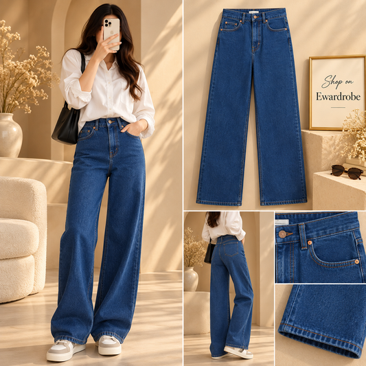 Mid Blue Wide Leg Jeans High Waisted