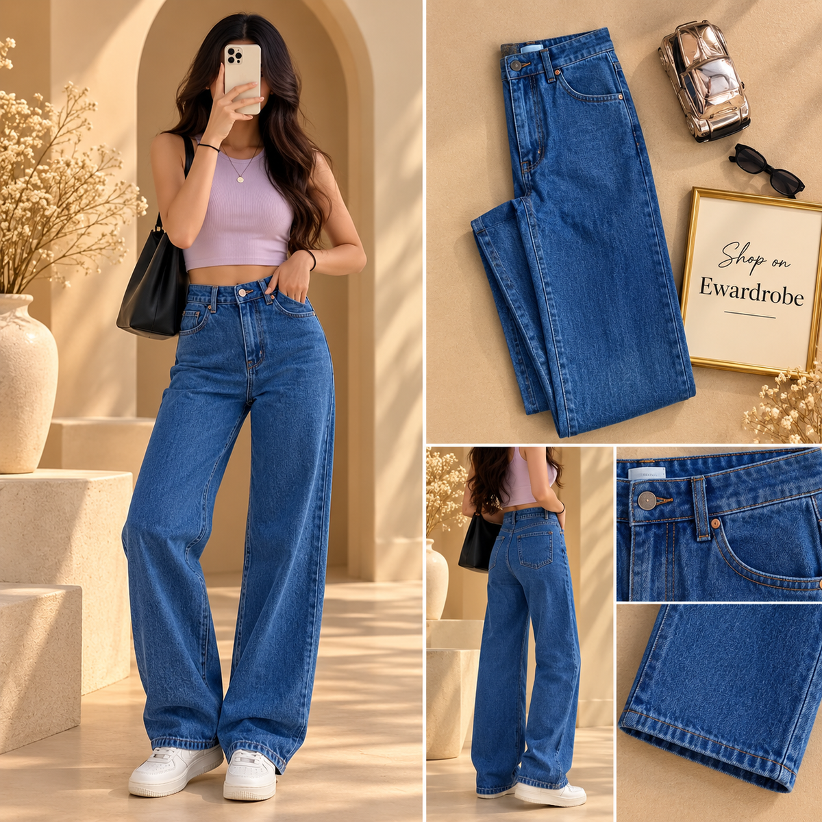 High Waisted Mid Blue Wide Leg Jeans