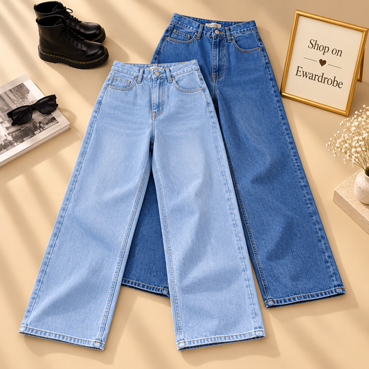 Pack Of 2 Wide Leg Jeans (Ice Blue And Mid Blue)