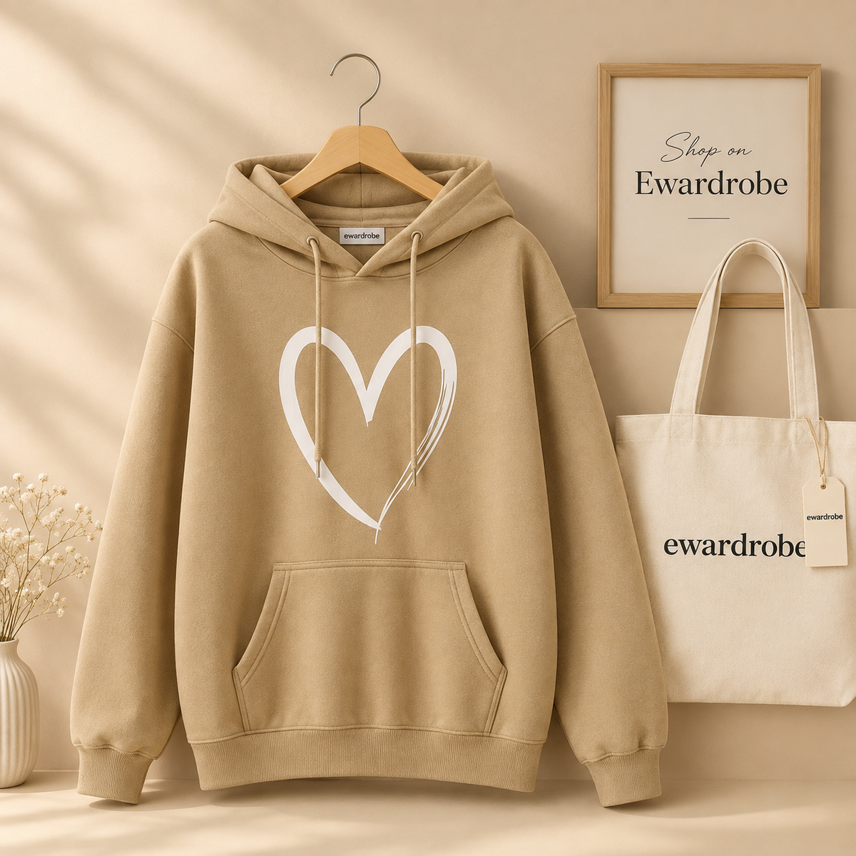 Big Shreded Heart (White) Beige Hoodie