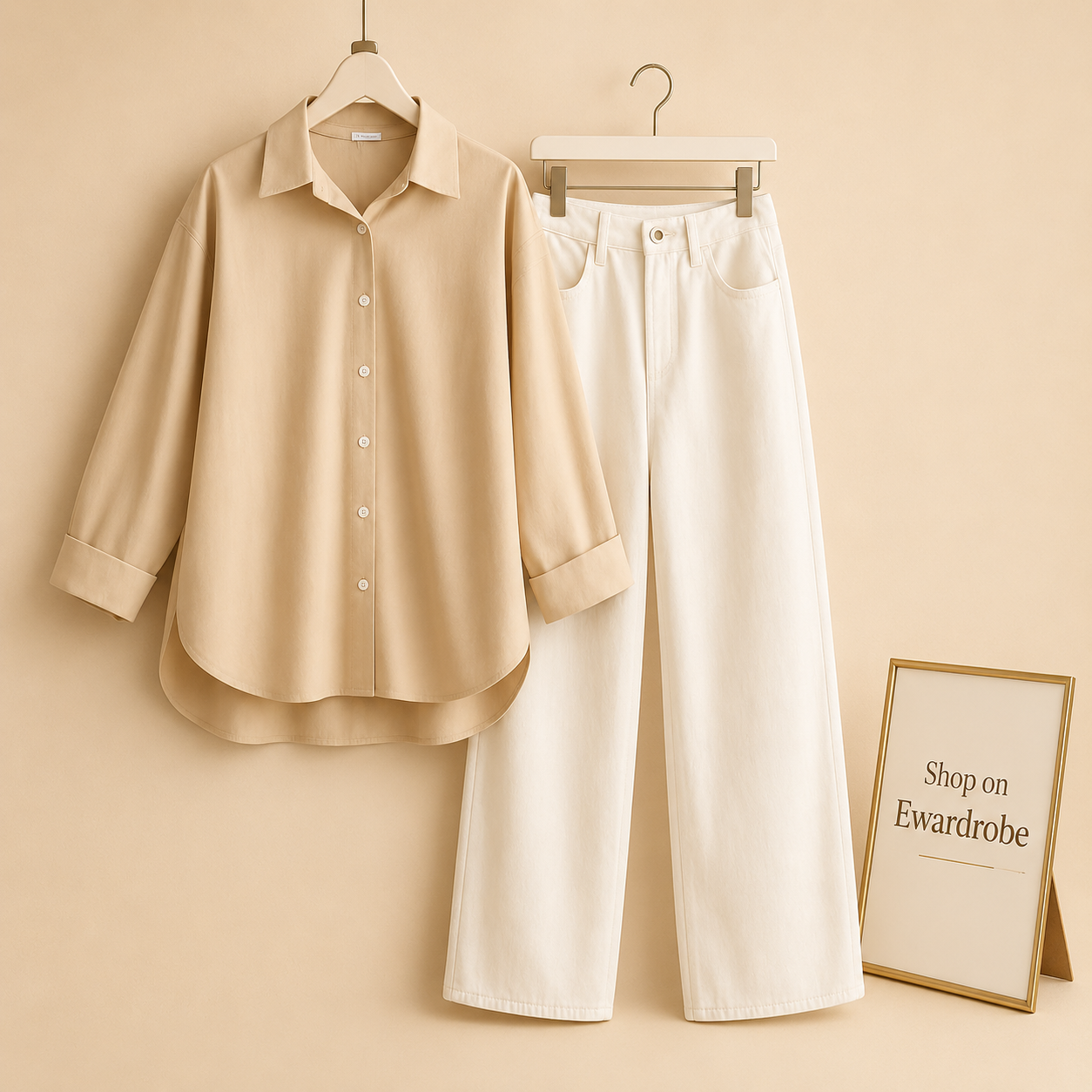 Beige Button Down Shirt With White Wide Leg Jeans