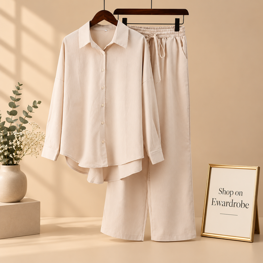 Beige Button Down Cord-Set