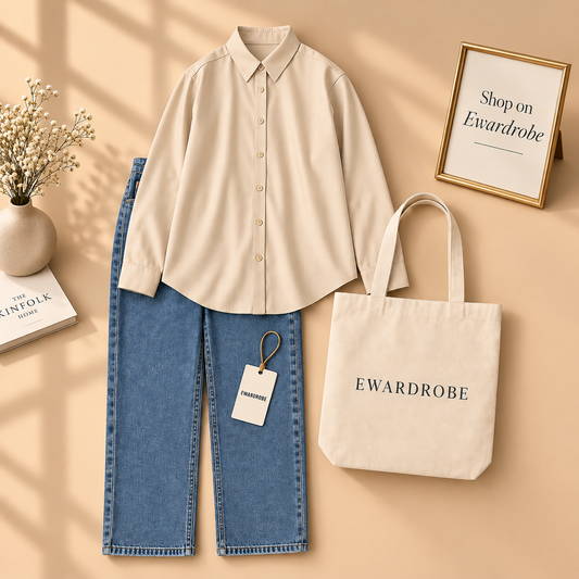 Beige Button Down Shirt With Sky Blue Wide Leg Jeans