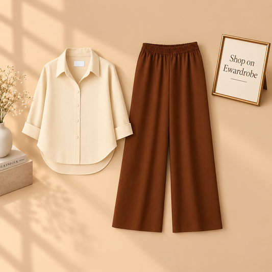 Beige Button Shirt With Brown Flapper