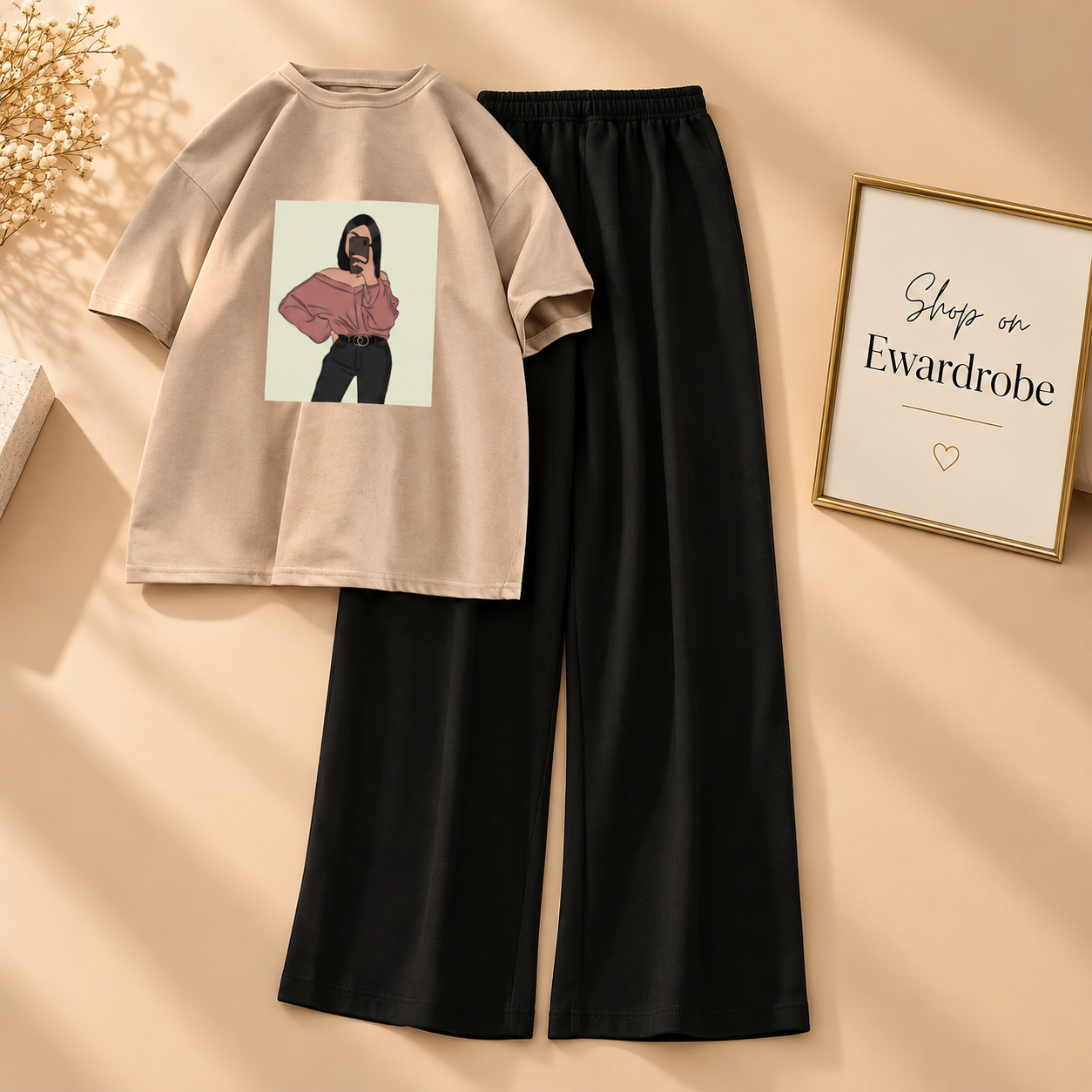Beige Tshirt Off Shoulder Girl With Black Flapper