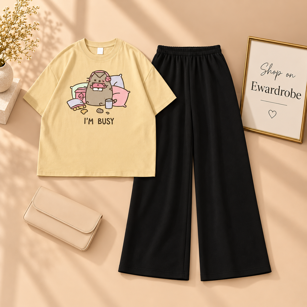 Beige Tshirt I'm Busy Cartoon With Black Flapper