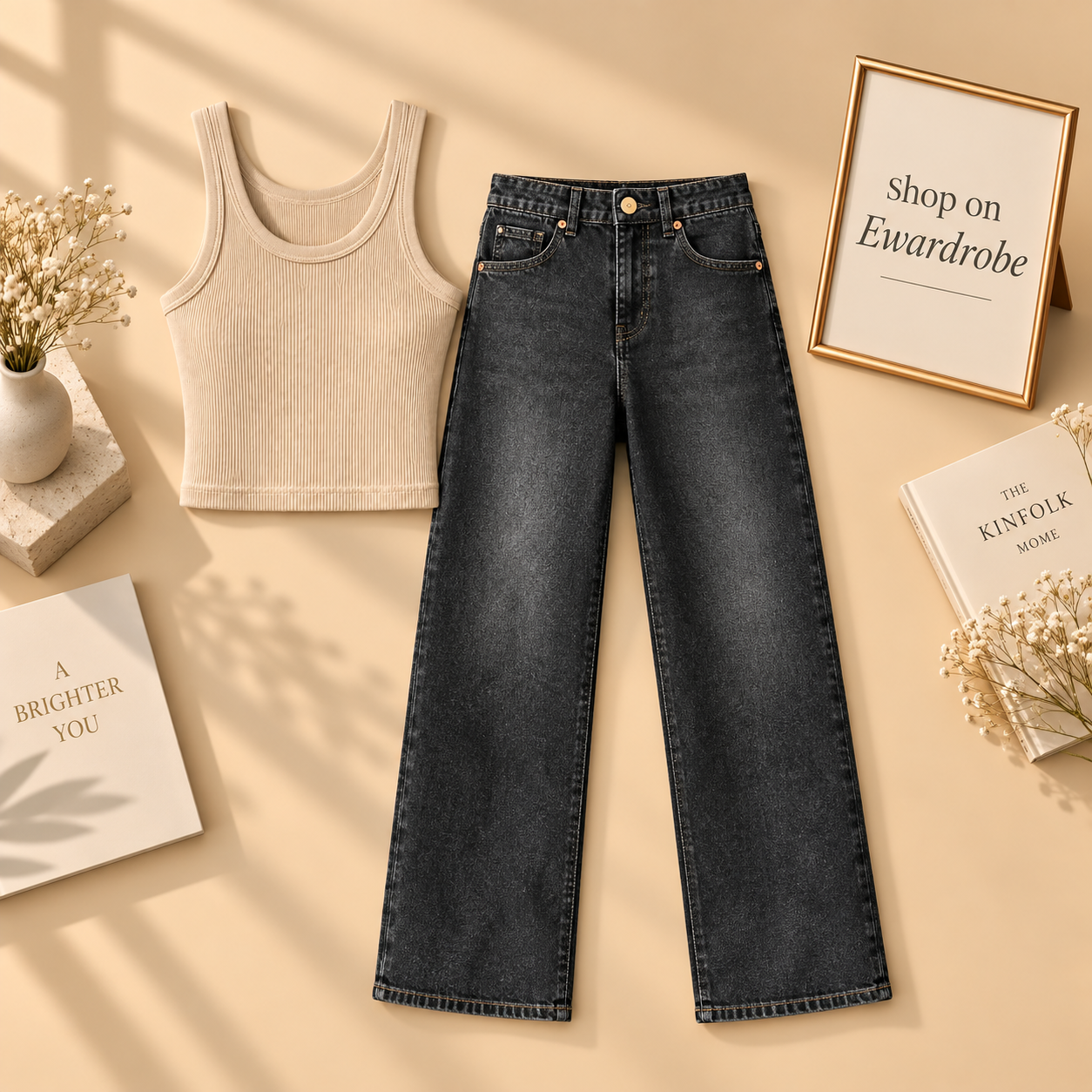 Beige Tanktop With Black Malaysian Wide Leg Jeans