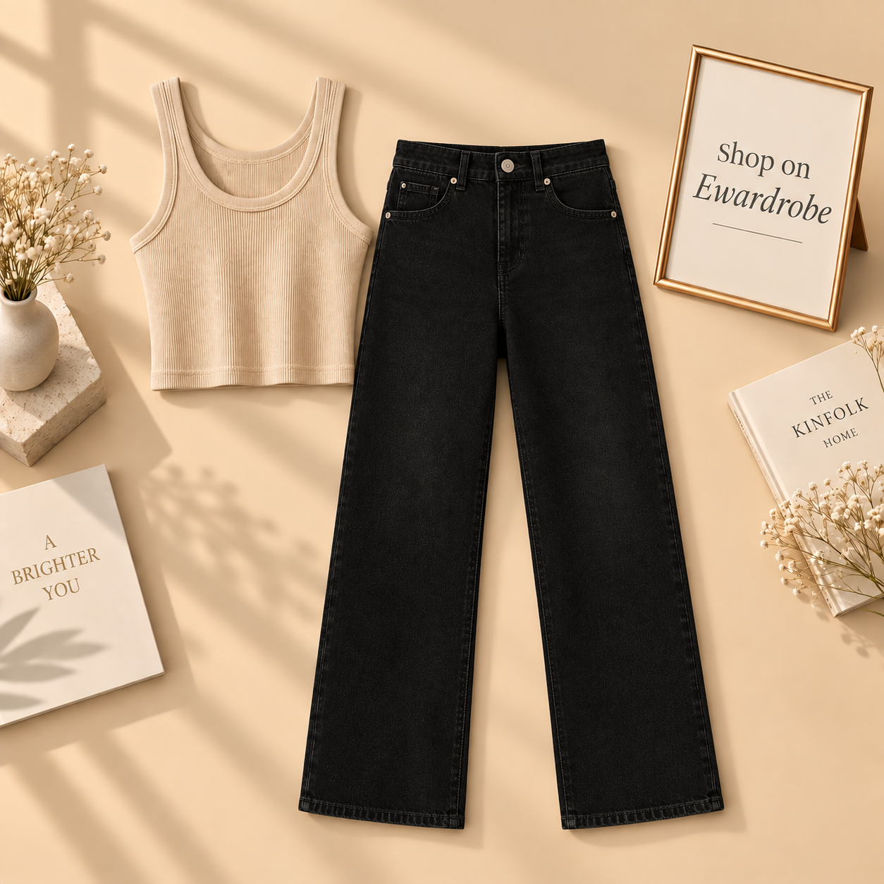 Beige Tanktop With Black Wide Leg Jeans