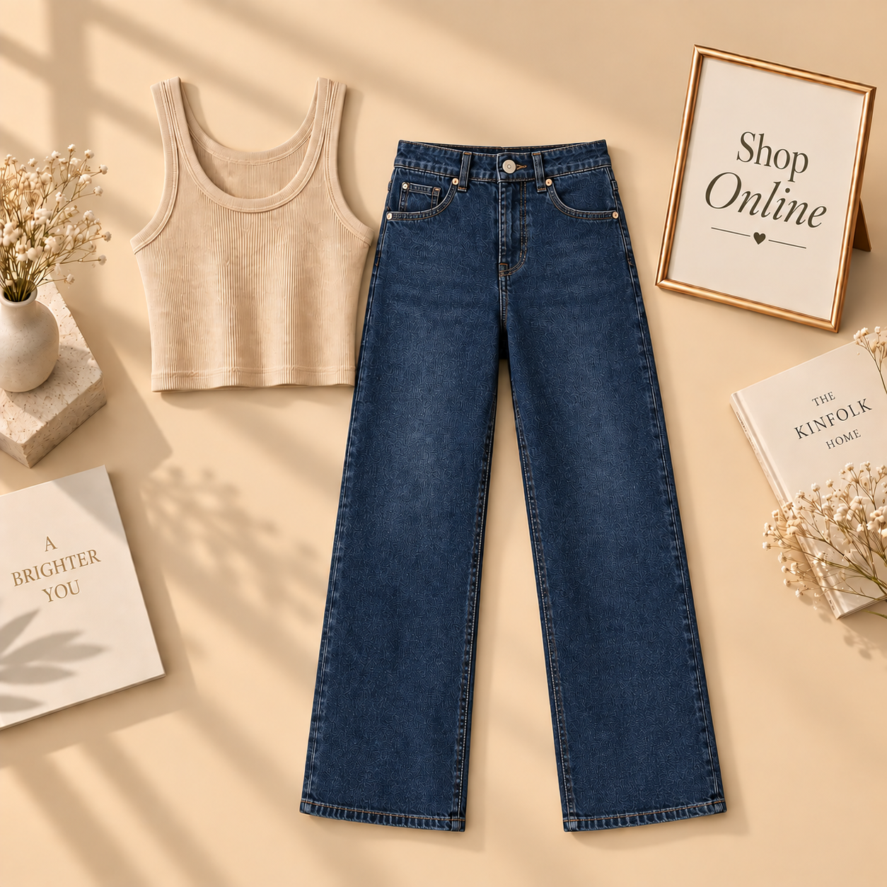 Beige Tanktop With Dark Blue Wide Leg Jeans