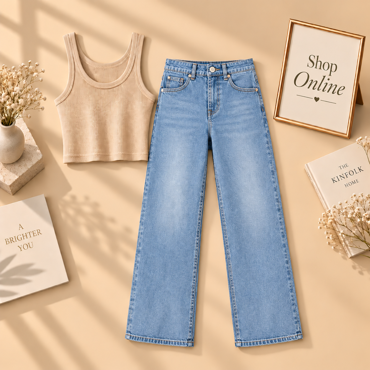 Beige Tanktop With Sky Blue Wide Leg Jeans