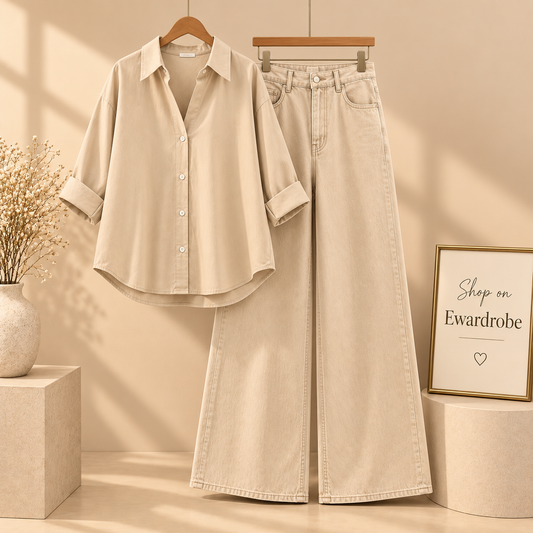 Beige button Down Shirt With Beige Wide Leg Jeans