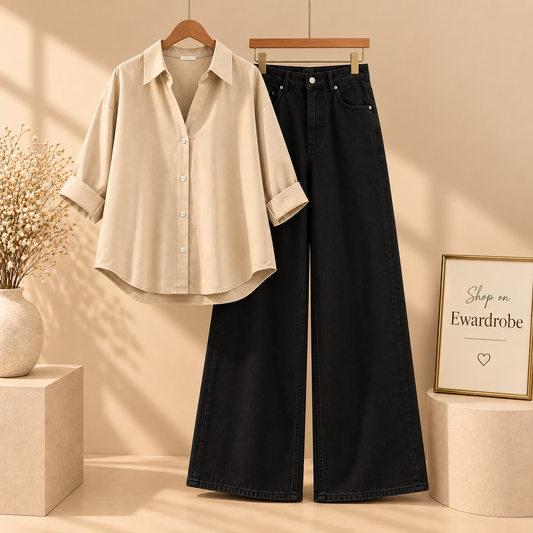 Beige button Down Shirt With Black Wide Leg Jeans