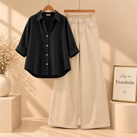Black Button Down Shirt with Beige Wide Leg Jeans
