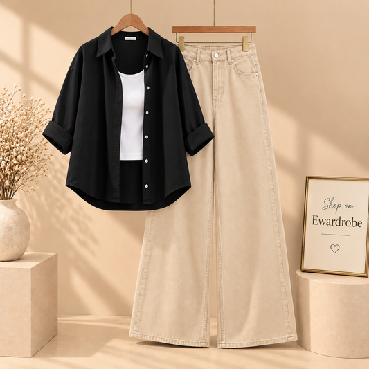 Black Button Down Shirt with Beige Wide Leg Jeans And White Tanktop