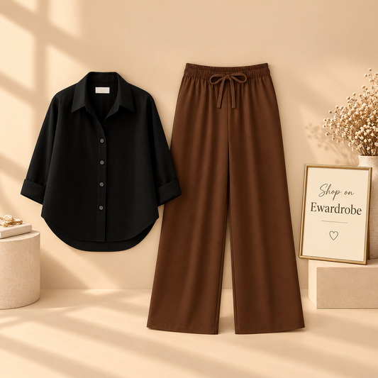Black Button Down Shirt with Brown Flapper