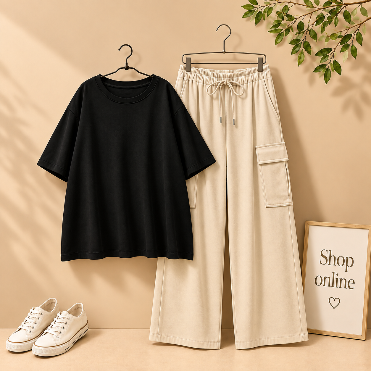 Black Drop Shoulder Shirt With Beige Cargo Trouser