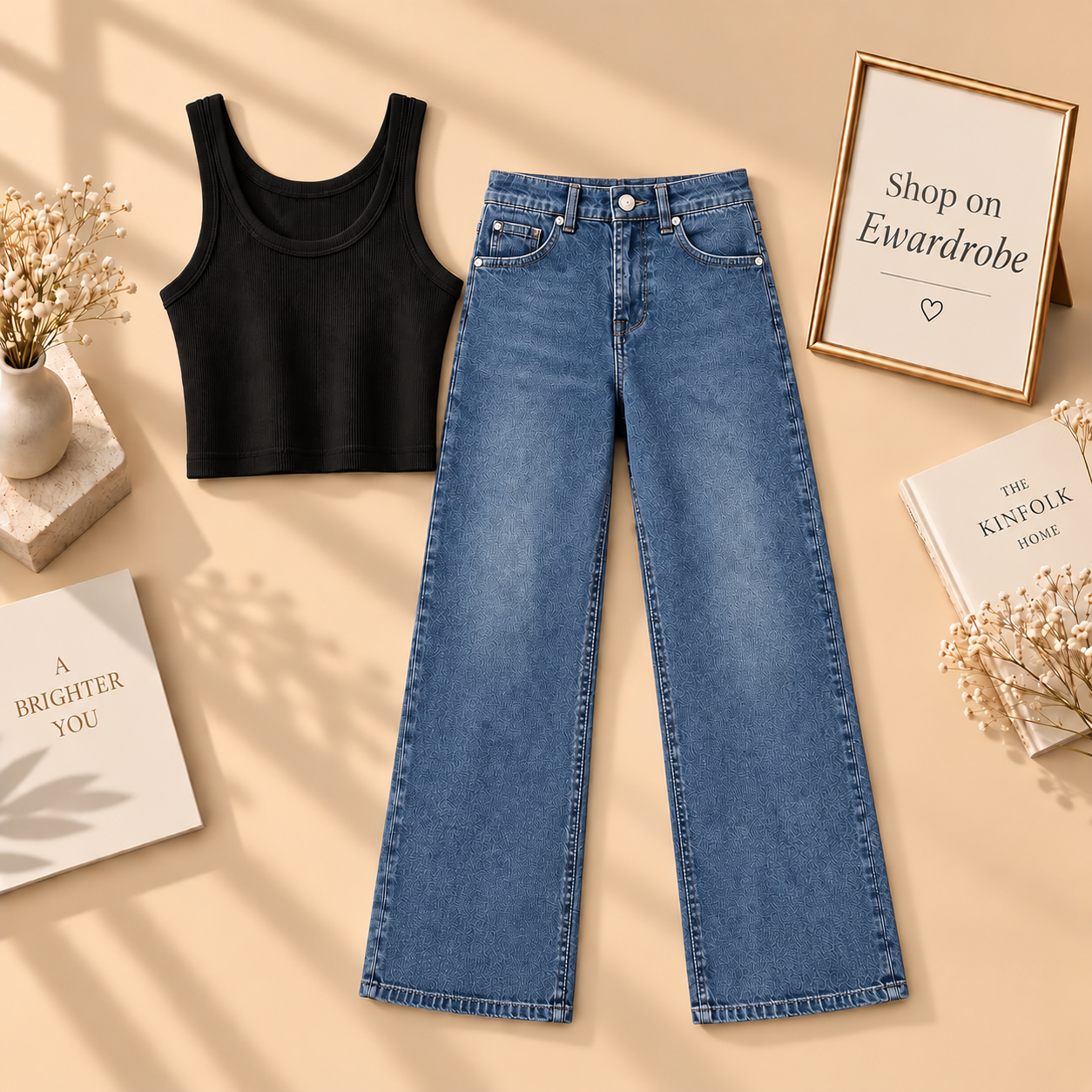 Black Tanktop With Dark Blue Wide Leg Jeans