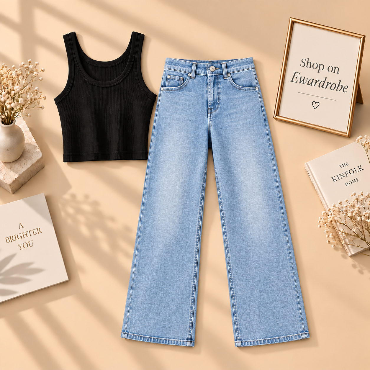 Black Tanktop With Ice Blue Wide Leg Jeans