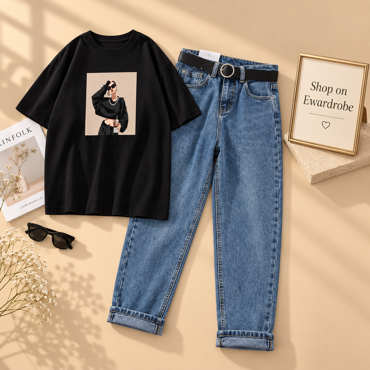 Black Tshirt Necklace Girl with Mid Blue Mom Jeans