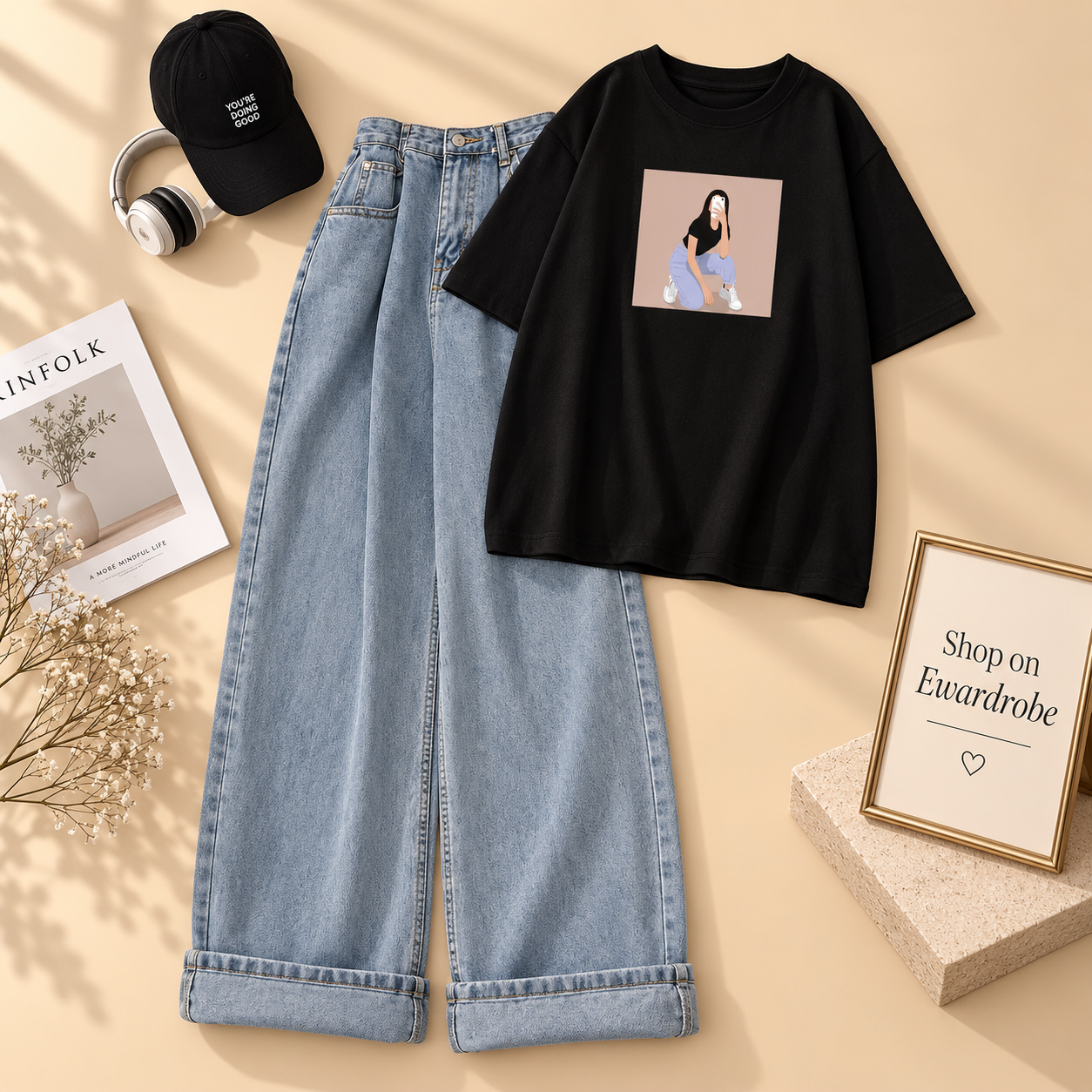 Black Tshirt Sitting Girl With Ice Blue Mom Jeans