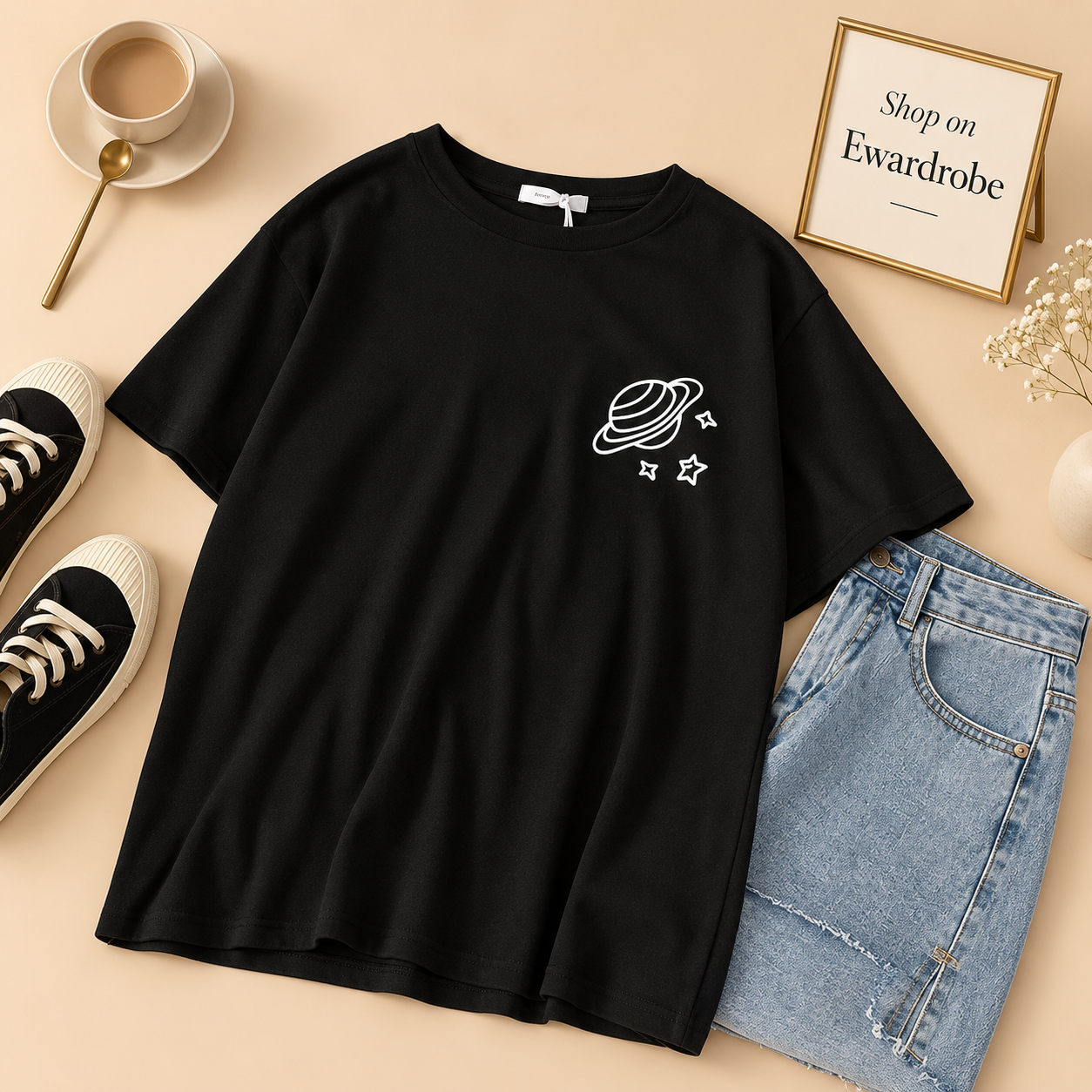 Black Tshirt Saturn on Pocket