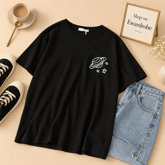 Black Tshirt Saturn on Pocket