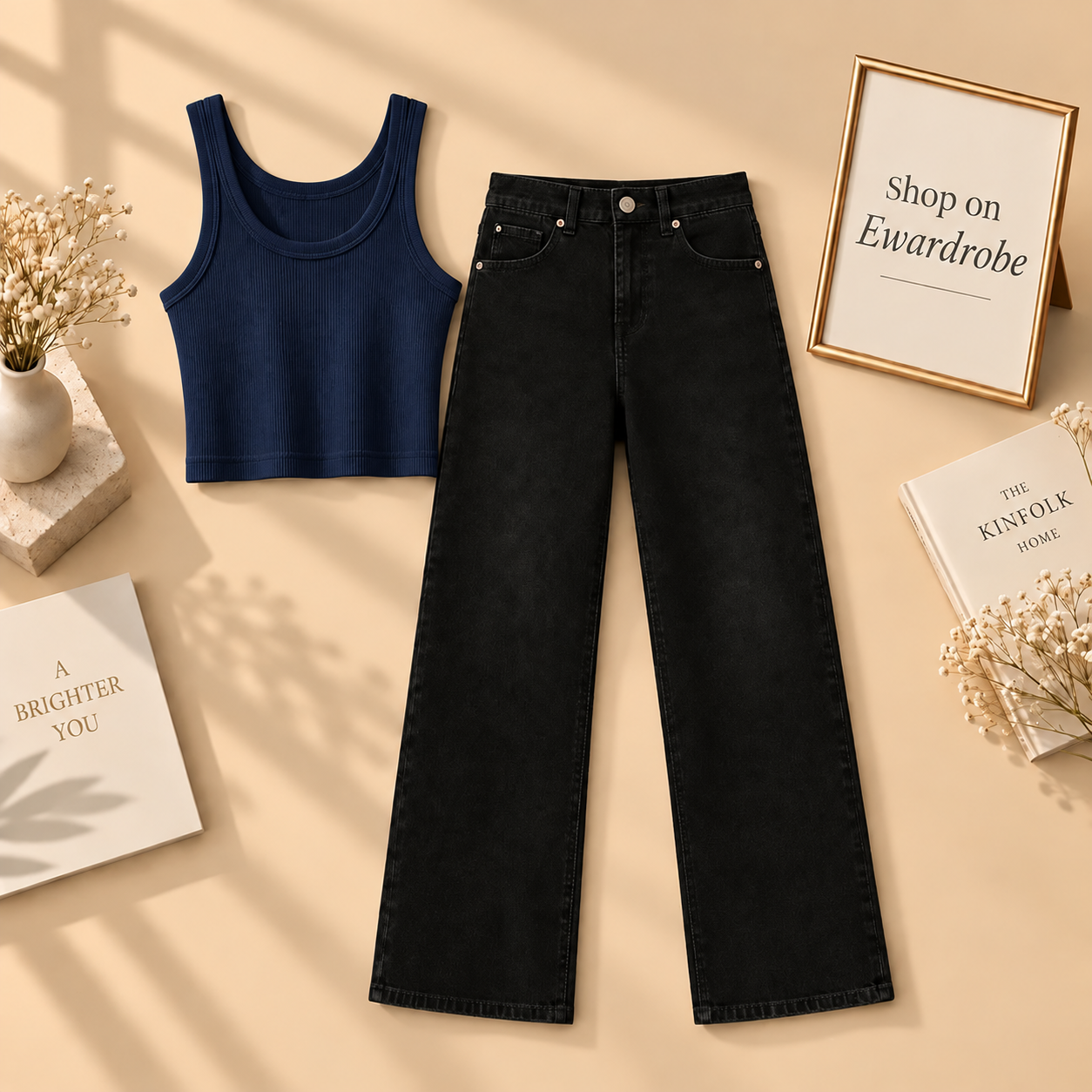 Navy Blue Tanktop With Black Wide Leg Jeans